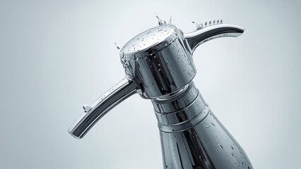 Shiny Chrome Siphon Sprinkling Water Droplets on Soft Gray Background