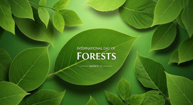 Green leaves with text celebrating international day of forests on vibrant background - Powered by Adobe