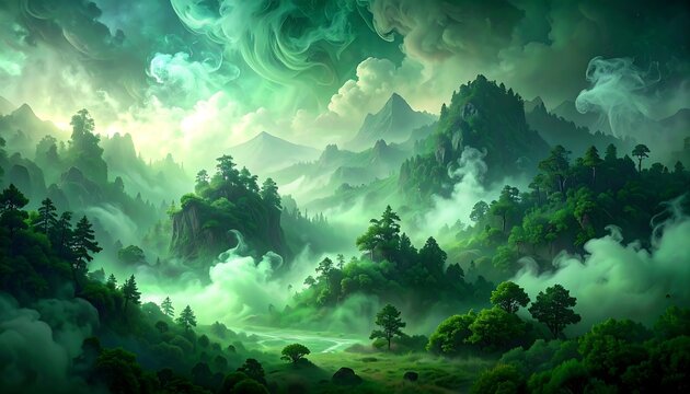 Verdant hillsides rise amidst ethereal fog, glowing with an otherworldly light in this lush, mountainous landscape