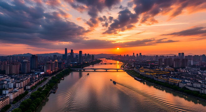 Vibrant sunset over a city river and skyline - Powered by Adobe