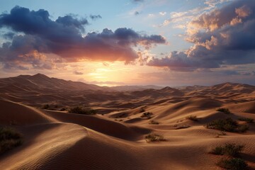 Dramatic desert sunset with dramatic clouds casting warm light over rolling sand dunes and distant mountains