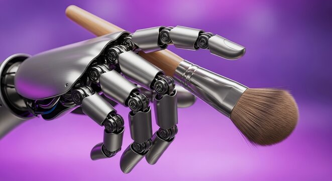 Robotic hand holding makeup brush. Artificial intelligence in beauty industry concept. Future of cosmetology technology for cosmetic application.