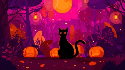 Flat Halloween illustration of black cat with jack-o-lanterns in spooky autumn scene, highlighting festive seasonal charm and playful dark mood