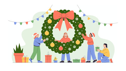 Festive Wreath Assembly: A joyful group of friends gathers to construct a vibrant wreath, embodying the warmth of the season and shared creativity.