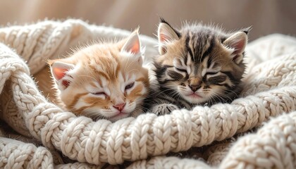 Two adorable kittens nestled asleep in a soft, chunky knit cream-colored blanket, bathed in warm, gentle light