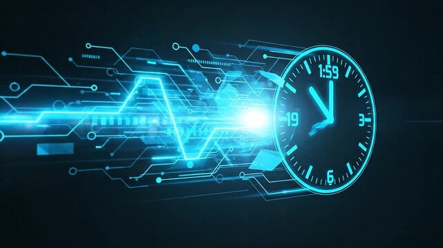 Futuristic digital clock with abstract glowing blue circuit lines, symbolizing rapid data transfer, technological progress, efficiency, and the digital future of time - Powered by Adobe
