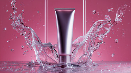 Sleek Silver Tube Surrounded by Dynamic Water Splash on Pink Backdrop