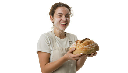 A young artisan baker covered in flour smiling and holding a loaf of fresh bread