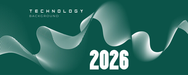 2026 Banner with Abstract Flowing Wave Background, for corporate presentations, business calendars, web headers, digital banners, and futuristic event invitations for the New Year celebration.