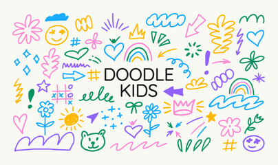 Vector collection of playful kids doodles in a fun hand-drawn sketch style for children’s designs, educational materials, birthday cards, posters, stickers, packaging, playful branding