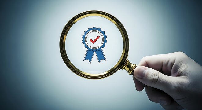 Magnifying glass focusing on a quality assurance seal, representing excellence