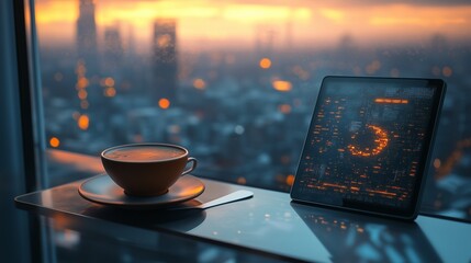 coffee on window ledge placed beside digital tablet with futuristic interface showing outside weather, sci-fi concept