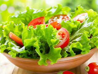 Fresh green lettuce and ripe red tomatoes are beautifully arranged in a rustic bowl, showcasing vibrant colors and healthy ingredients for a nutritious meal
