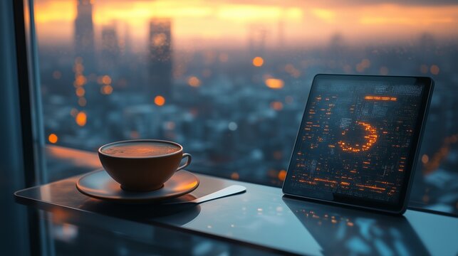 coffee on window ledge placed beside digital tablet with futuristic interface showing outside weather, sci-fi concept