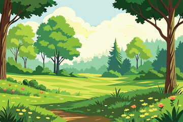 Fototapeta premium Lush forest landscape with sunlight and a winding path