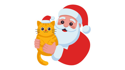 Festive Friends: A jolly figure in a red suit shares a warm embrace with a cute kitten, both adorned with festive hats, embodying the spirit of joy and the magic of the holiday season.