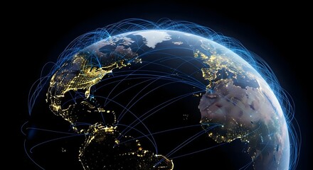 Global network of glowing blue lines connecting illuminated cities across the earth at night