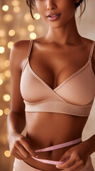 Slim woman measuring waist with tape in soft bra with bokeh light background, showing healthy body and beauty