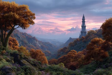 Enchanting autumn valley with a distant mystical tower under a dramatic twilight sky