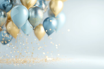 Colorful balloons in shades of blue and gold are floating against a soft background, creating a festive atmosphere perfect for celebrations and special occasions
