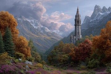 Majestic stone tower stands tall amidst a vibrant autumn mountain valley landscape