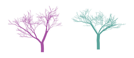 Two stylized trees in purple and teal on white background creating an abstract design