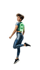 Fototapeta premium A woman looking energetic recharged with a giant battery symbol on her back