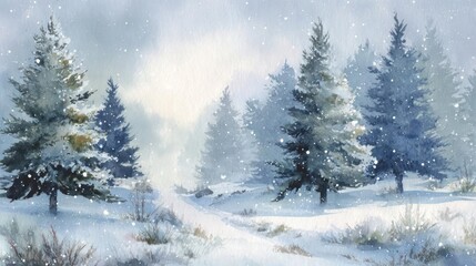 Serene winter landscape painting with snow covered pine trees and a gentle path leading into a soft misty forest