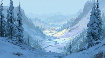 Enchanting winter valley with snow covered pine trees and a winding river illuminated by soft golden light