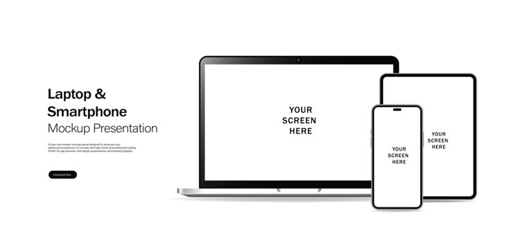 Premium Laptop, Smartphone, and Tablet Mockup Set &mdash; Realistic Front View Digital Device Vector Templates for UI/UX App Design, Responsive Website Presentation, and Modern Tech Product Showcase