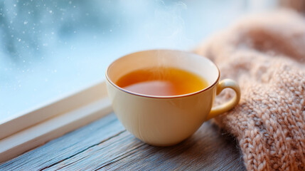 Warm cup of tea resting on wooden table beside cozy knitted blanket, with soft steam rising, creating a tranquil atmosphere perfect for relaxation and comfort during winter