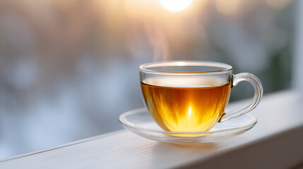 Transparent glass cup filled with steaming herbal tea sits on a wooden windowsill, with warm sunlight illuminating the beverage, creating a cozy atmosphere for relaxation