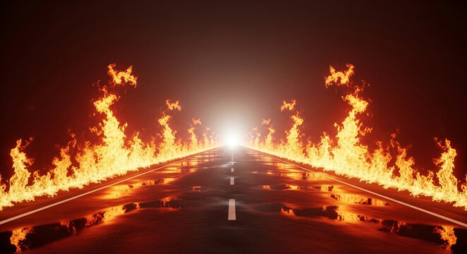A long, wet asphalt road stretches into a bright, glowing light, flanked by intense flames on both sides