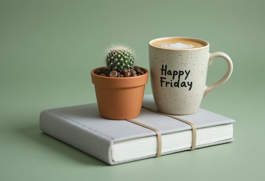 Minimalist workspace setup with potted cactus coffee mug and planner on green background