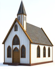 Fototapeta premium Classic white wood church with steeple and gothic windows on bright surface