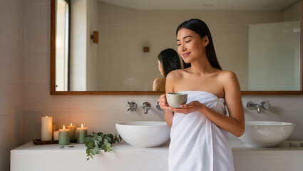 Relaxing After Bath: Woman In Towel Holding Hot Drink In Bathroom.