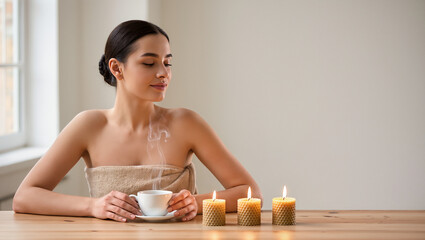 Relaxing After Bath: Woman In Towel Holding Hot Drink In Bathroom.