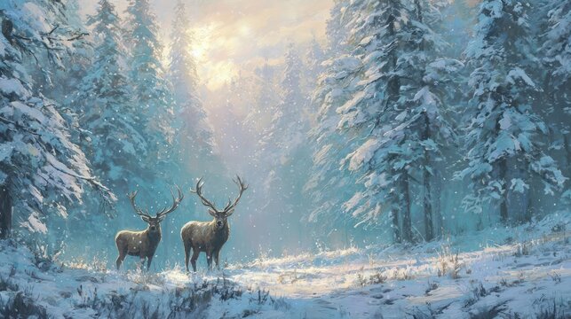 Majestic elk couple standing in a serene snowy forest during a soft golden sunrise