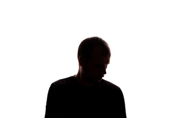 Sad man young unshaven business clothes silhouette - white background isolate