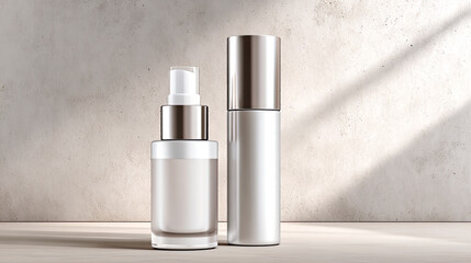 Minimalistische, helle Produkt-Szenen mit klaren Mockups für kosmetische Flaschen, Pumpspender, Tiegel und Tropfer. Sanftes Tageslicht, natürliche Materialien und ruhige Oberflächen