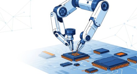 Advanced robotic arm precisely assembles intricate electronic components onto a circuit board, symbolizing automation, high-tech manufacturing, and the future of industrial production