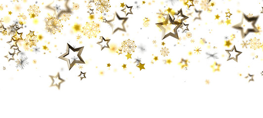 Abstract festive background with shiny golden stars and snowflakes on white. Perfect for Christmas, New Year, and other holidays celebrations. I