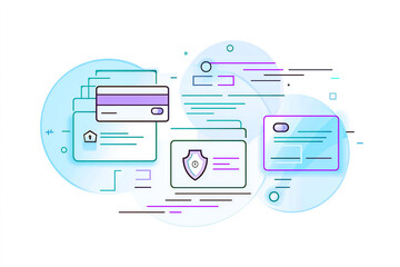 Line-art fintech cards with translucent interface layers and flowing cyan–violet accents