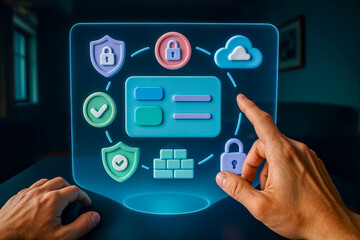 Hand gesture interacting with hybrid hologram panel with soft 3D security icons and guided interaction circle