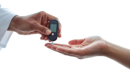 Close-Up of Healthcare Professional Handing Digital Blood Glucose Meter to Patient on Transparent Background