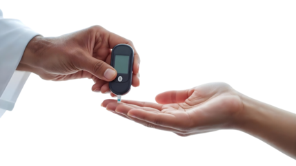 Close-Up of Healthcare Professional Handing Digital Blood Glucose Meter to Patient on Transparent Background