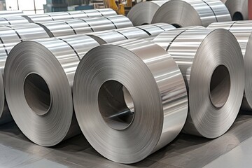 brightly lit large rolls of aluminum sheets in industrial setting, stacked neatly, high-resolution, raw material, versatile application
