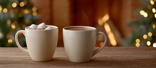 Two steaming mugs of hot chocolate with marshmallows on wooden table, cozy ambiance with blurred festive lights in the background, perfect for winter holiday gatherings