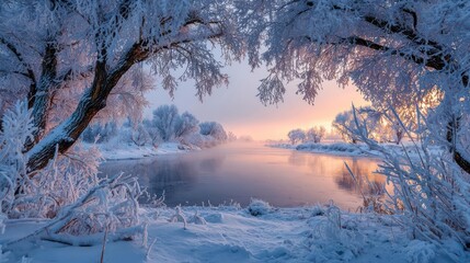 Enchanting winter landscape with a frozen river and trees covered in frost at sunrise