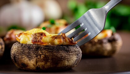 A delectable baked portobello mushroom appetizer stuffed with melted cheese and herbs on a fork
